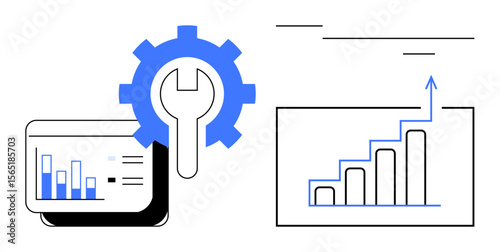 Gear and wrench beside analytics dashboard, upward bar chart. Ideal for technology, business, performance improvement, innovation, growth strategy, productivity and data analysis. Clean simple flat