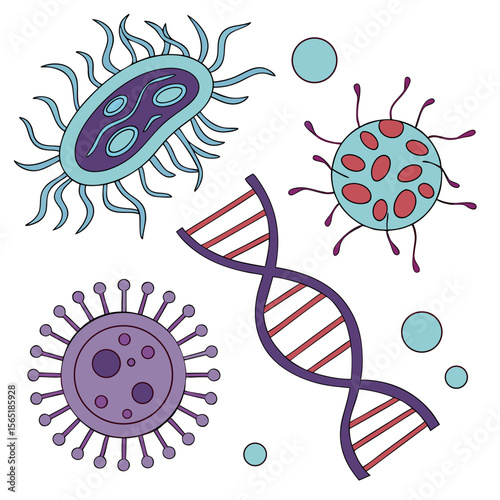 Illustration of dna helix structure with bacteria and virus cells on a white background concept art