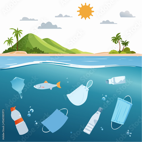 plastic pollution awareness- ocean with floating waste and marine life