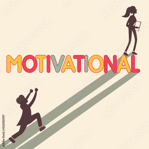Silhouette figures climbing over motivational text with long shadow and light background illustration