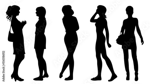 Full-body vector silhouettes of several young women standing side by side with space between them. Black shapes isolated on white background. Perfect for fashion, diversity, or crowd scenes.