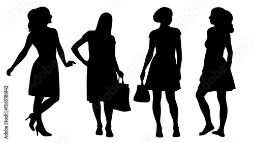 Full-body vector silhouettes of several young women standing side by side with space between them. Black shapes isolated on white background. Perfect for fashion, diversity, or crowd scenes.
