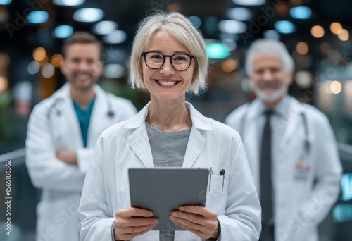 A happy female doctor utilizes a tablet for managing employees, overseeing hospital workflow, and finding solutions for clinic staff through software or an application, all in the pursuit of