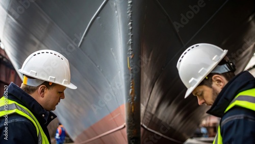 Close view of maintenance personnel inspecting the hull underscoring the importance of regular checks to ensure operational efficiency and safety standards..