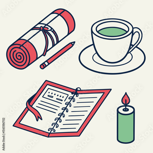 Illustration of a rolled document, pen, cup of tea, open notebook, and a lit candle on a surface
