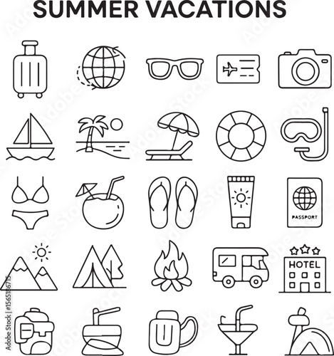 Big summer vacations icon set. Vector thin line illustrations with objects, activities and places related with traveling, tourism, outdoors in the beach and mountain, camping, resorts
