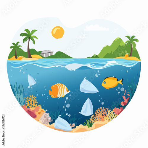 plastic pollution awareness- ocean with floating waste and marine life