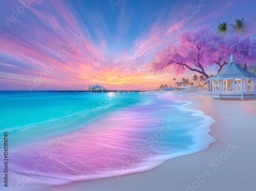 A seaside resort at twilight features a wooden pier in the sea, palm trees, houses, and lights along the shore, showcasing a cozy and beautiful tropical setting under a dramatic sky