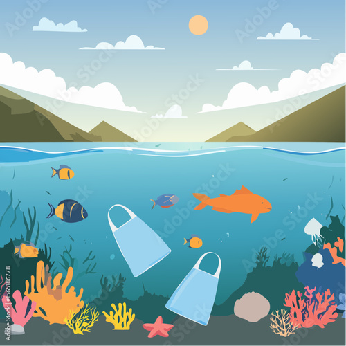 plastic pollution awareness- ocean with floating waste and marine life