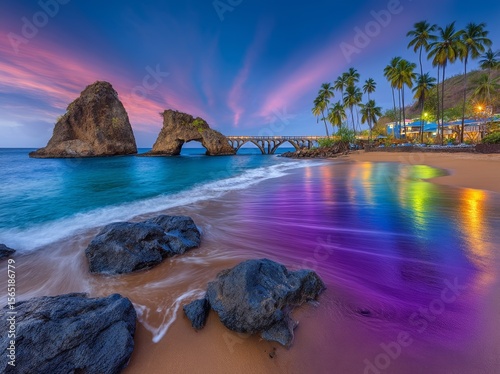A cozy beautiful place with tropical nature, a wooden pier in the sea, palm trees, houses, and lights on the shore, all set against a dramatic sky at twilight, defines a seaside resort