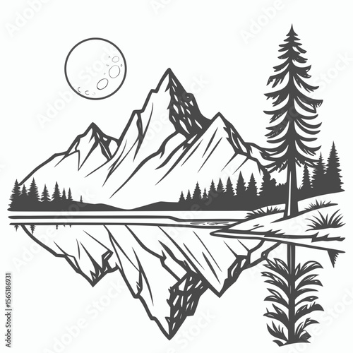 Illustration of a mountain range reflecting in water with a moon and trees in the background scene