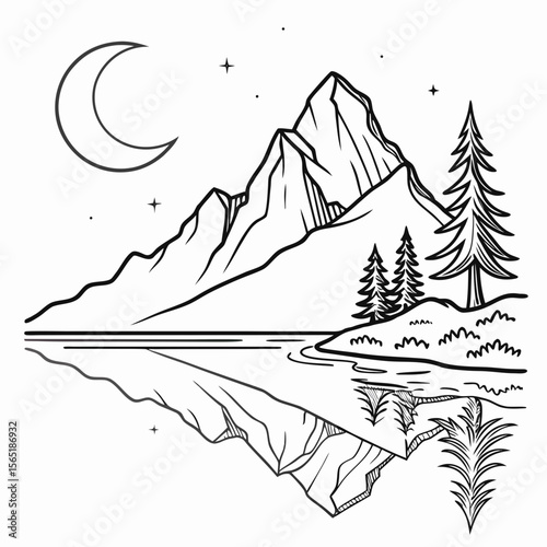 Scenic mountain range reflecting in lake water under crescent moon and starry night sky line drawing