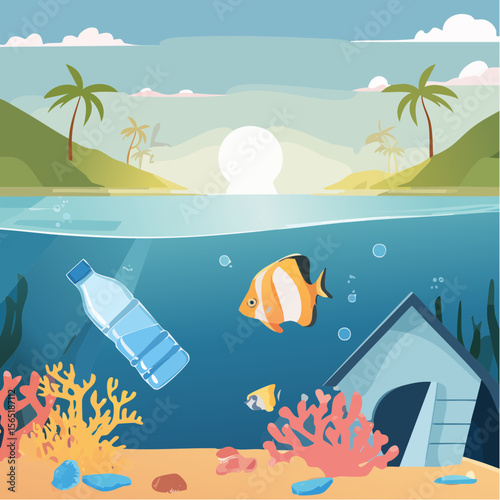 plastic pollution awareness- ocean with floating waste and marine life
