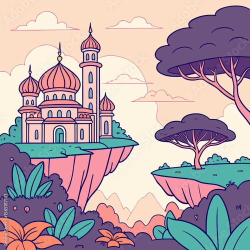 Illustration of a fantasy landscape with a castle on a floating island and trees under a cloudy sky