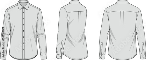 Long sleeve shirt front back side view, cad drawing flat vector illustration, fashion template, garment technical sketch, apparel mockup design