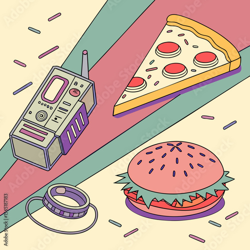 Isometric illustration of a walkie talkie, pizza slice, burger, and wrist device on a striped background