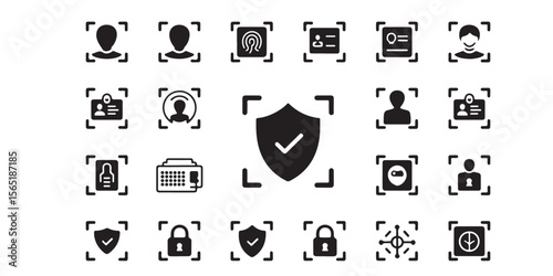 Collection of security and identification icons in black and white on a white background