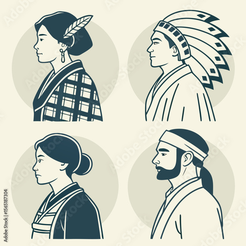 Four portraits of people in profile with different cultural clothing and accessories shown on a grid