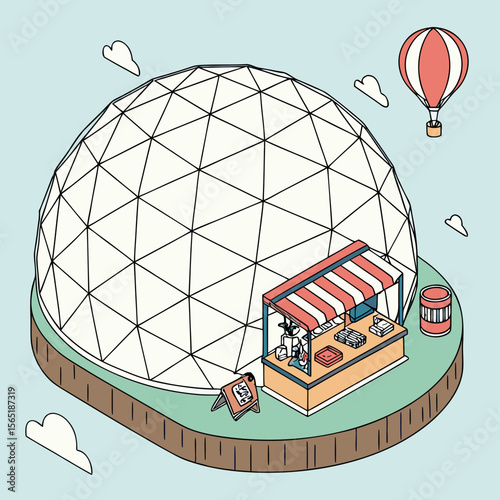 Isometric view of a geodesic dome with a market stall and hot air balloon in a light blue sky scene