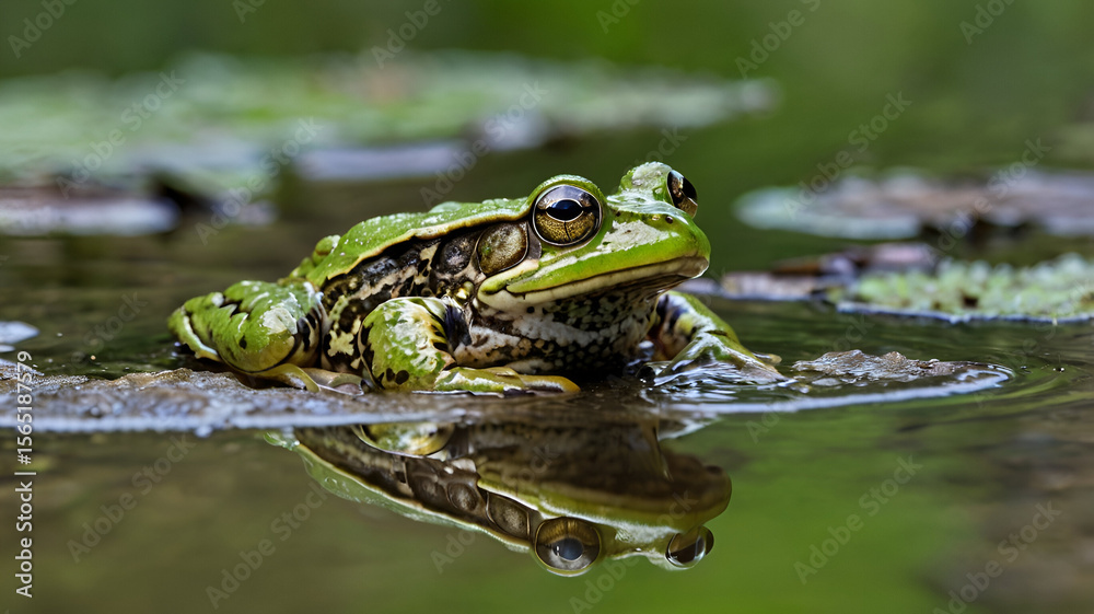 Fototapeta premium A juvenile American bullfrog peeks out from muddy water near the edge of a swamp.