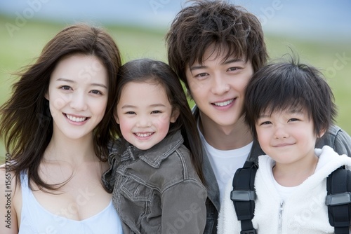 A happy Asian family enjoys their summer holiday vacation by spending quality time together, engaging in fun outdoor activities like walking and playing at a public park in the city