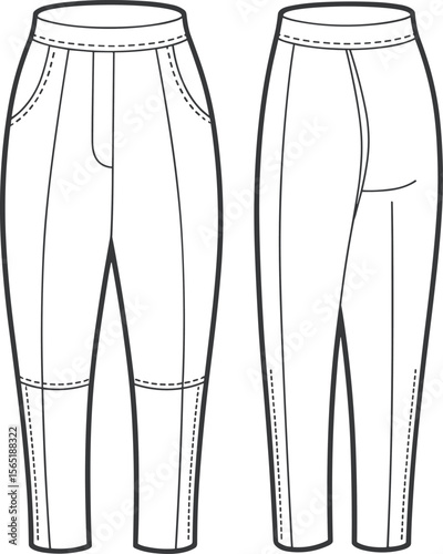 Black and white technical front and back CAD sketch of stylish fitted trousers with seam details, fashion flat vector illustration design

 flat vector illustration