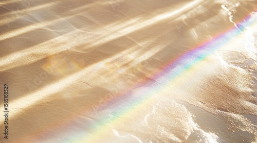 Golden sand beach with sunbeams and rainbow