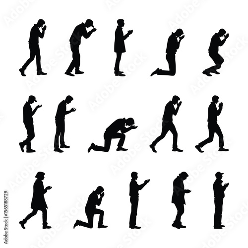 Silhouette Set of People Praying Kneeling and Standing in Worship