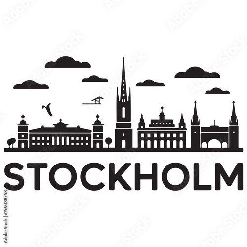 Stockholm skyline. Travel Stockholm famous landmarks. Business and tourism concept for presentation, banner, web site. Vector black silhouette. with white background