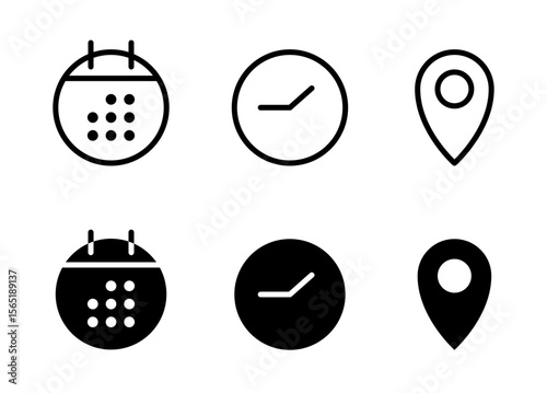 Date, time, address, location icon set. Calendar, clock, map pin, reminder, adress symbols business sign