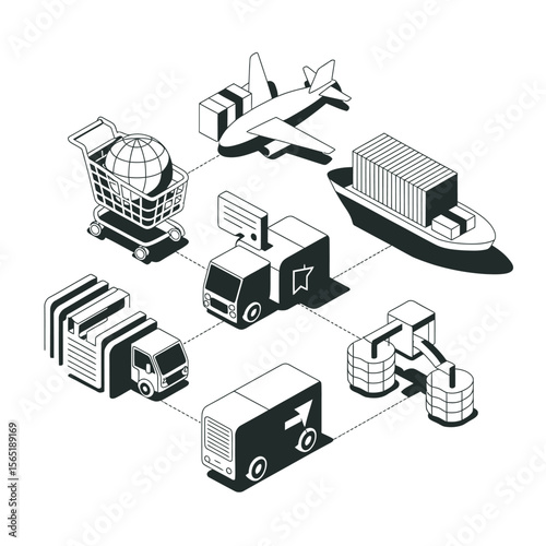 2d vector illustration colorful Land and sea transport techniques, methods and technological tools for transporting and shipping goods and products and logistic 

