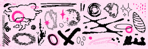 Graphic pixel shape asset pack. Neon pink and black shape and stars. Pixelated and bitmap abstract geometric figures in vector for design template, poster, sticker. Y2k aesthetic isolated elements.