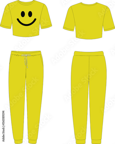 Bright yellow crop top and jogger pants with smiley face design, front and back view, CAD flat vector illustration flat vector illustration