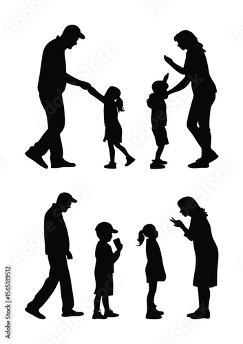 Parents Scolding and Talking to Children Silhouette Vector Set Family Discipline Concept