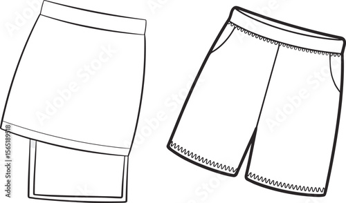 Skirt and shorts fashion illustration, vector garment design, technical flat sketch, clothing template for designers, CAD drawing, digital fashion art flat vector illustration