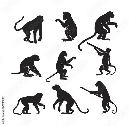 Monkey Silhouette Vector Set with Different Poses and Funny Rifle Illustration