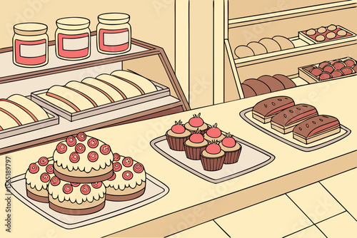 Illustration of bakery counter with cakes, pastries, breads, and desserts