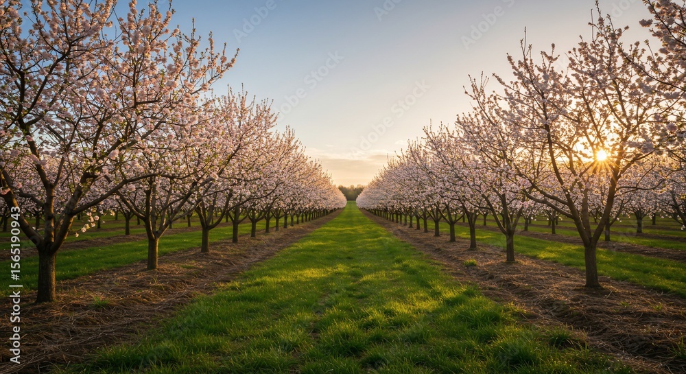 Obraz premium Blossoming orchard at sunrise, rows of flowering trees with sunburst effect