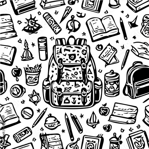 Back to school items pattern, books, pencils, backpacks, black and white background  vector 