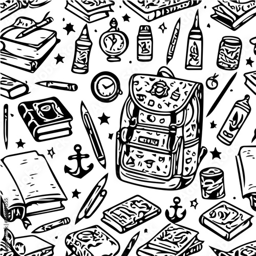 Back to school items pattern, books, pencils, backpacks, black and white background  vector 