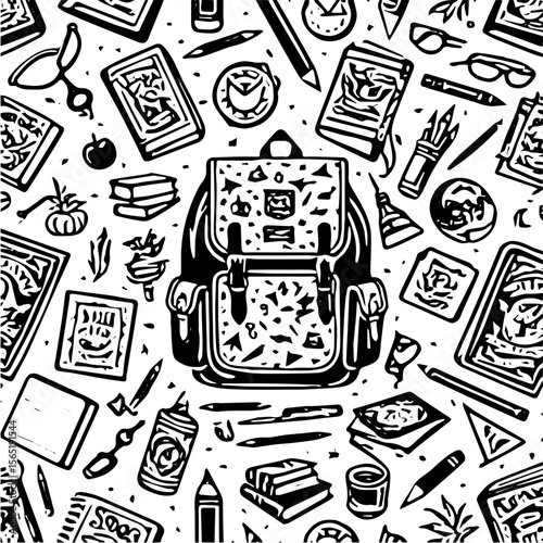 Back to school items pattern, books, pencils, backpacks, black and white background  vector 