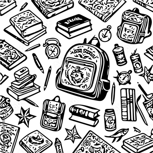 Back to school items pattern, books, pencils, backpacks, black and white background  vector 
