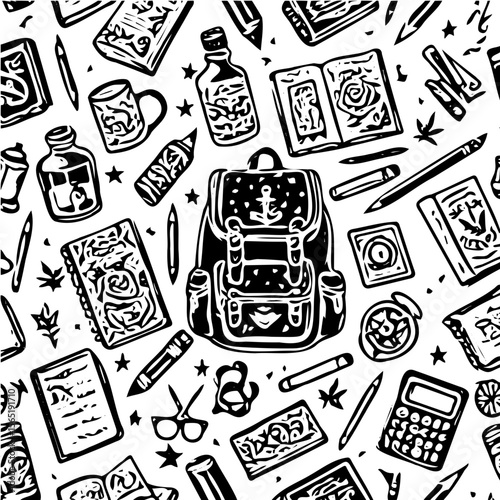 Back to school items pattern, books, pencils, backpacks, black and white background  vector 