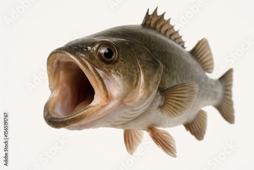 A close-up of a bass fish with its mouth wide open, showcasing its powerful jaw and distinctive scales