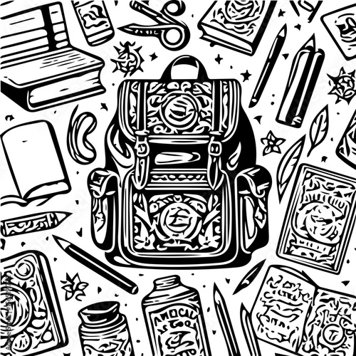 Back to school items pattern, books, pencils, backpacks, black and white background  vector 