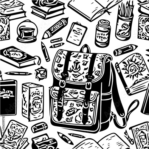 Back to school items pattern, books, pencils, backpacks, black and white background  vector 