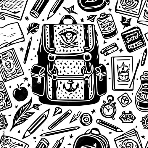 Back to school items pattern, books, pencils, backpacks, black and white background  vector 