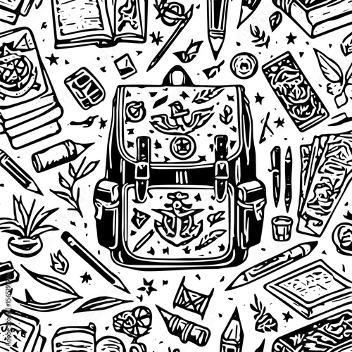 Back to school items pattern, books, pencils, backpacks, black and white background  vector 