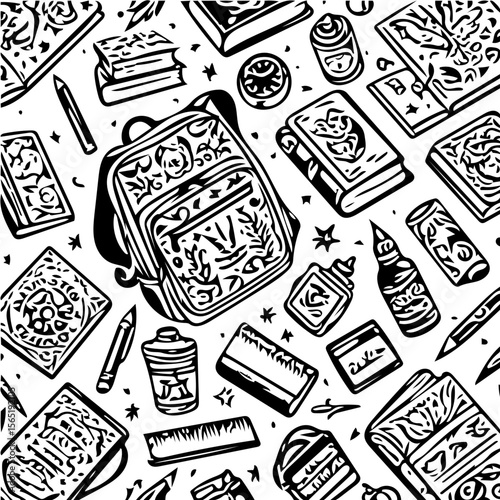 Back to school items pattern, books, pencils, backpacks, black and white background  vector 