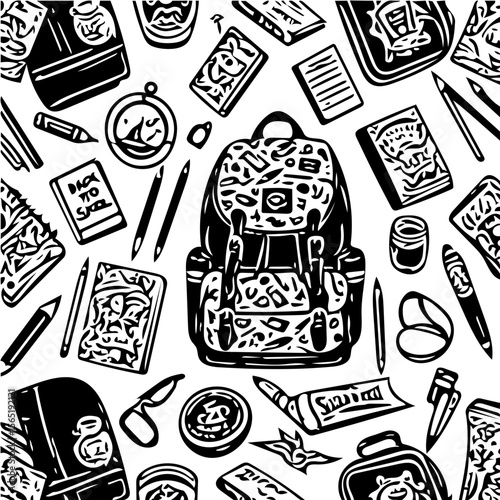 Back to school items pattern, books, pencils, backpacks, black and white background  vector 
